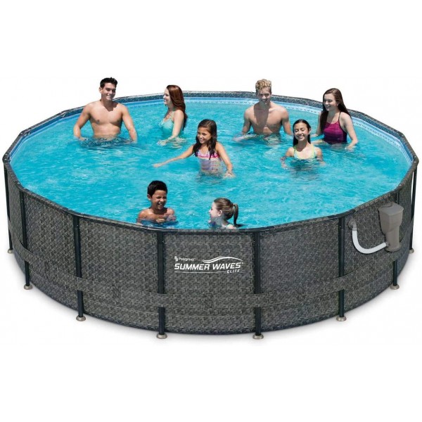 Summer Waves P4A01648B 16ft x 48in Above Ground Frame Outdoor Swimming Pool Set w/Filter Pump, Pool Cover, Ladder, Ground Cloth, & Maintenance Kit