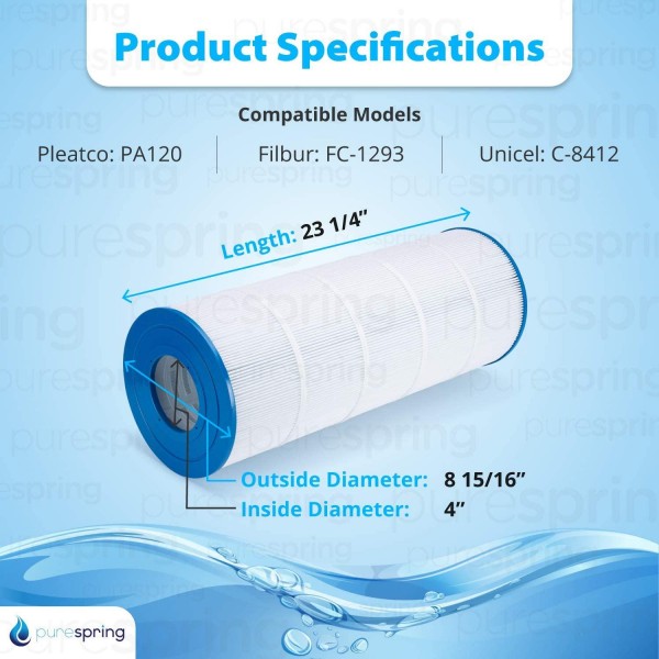 PureSpring Pool Filter Cartridge Replacement for Pleatco PA120, Hayward Star Clear Plus C1200, Unicel C-8412, Filbur FC-1293