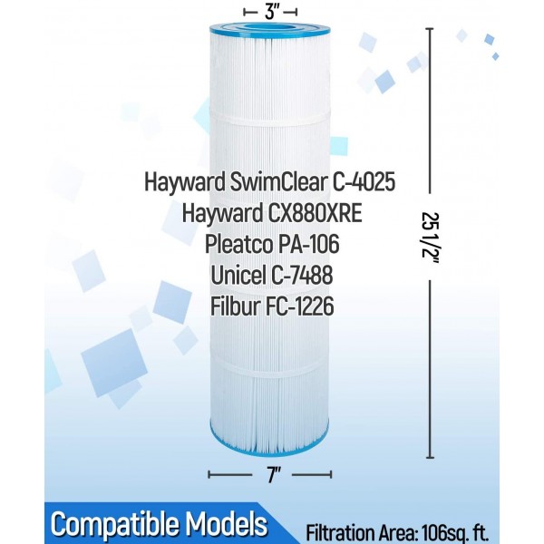 Future Way Pool Filter Compatible with Hayward C-4025 / C-4030 / CX880XRE, Pleatco PA106-PAK4, Easy to Clean, 4-Pack