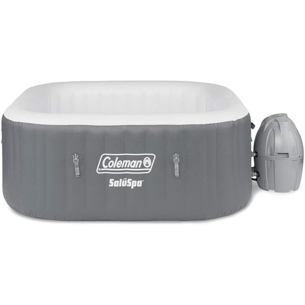 Coleman 15442-BW SaluSpa 4 Person Portable Inflatable Outdoor Square Hot Tub Spa with 114 Air Jets, Tub Cover, Pump, Chemical Floater and 2 Filter Cartridges, Gray