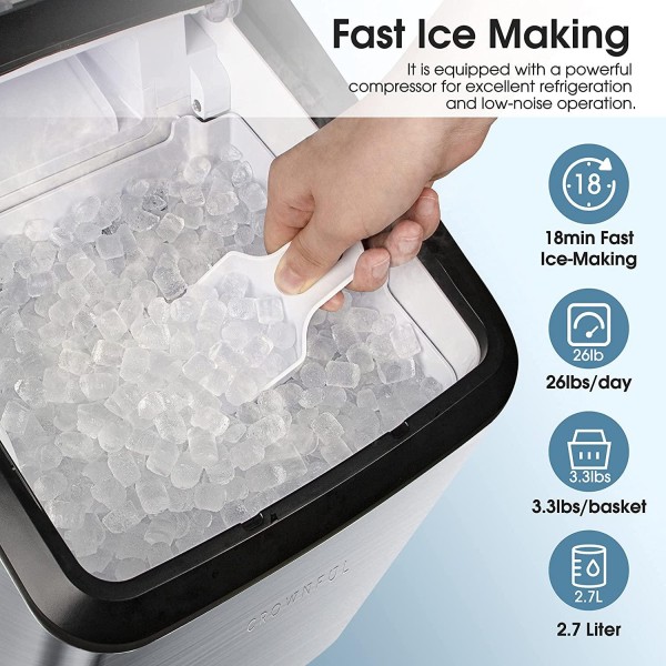 CROWNFUL Nugget Ice Maker Portable Countertop Machine, Auto Water Refill, Makes 26lbs Crunchy Pellet in 24H, 3lbs Basket at a time, with Scoop and Basket, Perfect for Home/Kitchen/Office/Bar