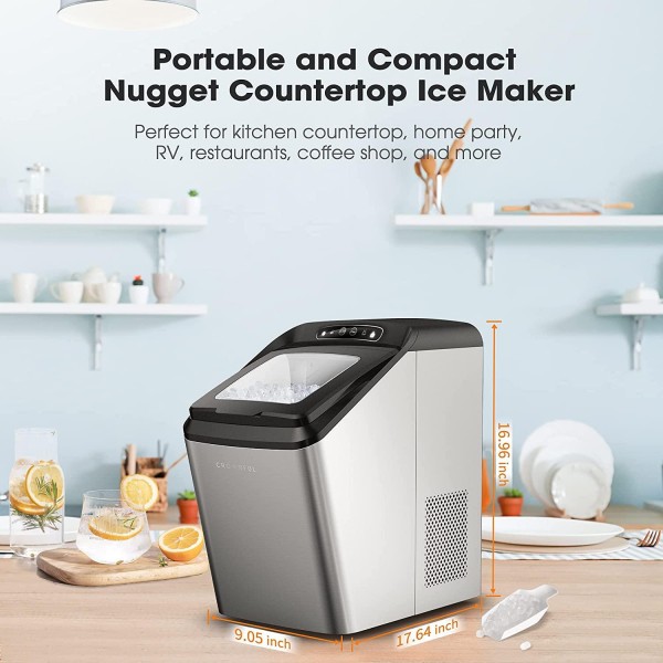 CROWNFUL Nugget Ice Maker Portable Countertop Machine, Auto Water Refill, Makes 26lbs Crunchy Pellet in 24H, 3lbs Basket at a time, with Scoop and Basket, Perfect for Home/Kitchen/Office/Bar