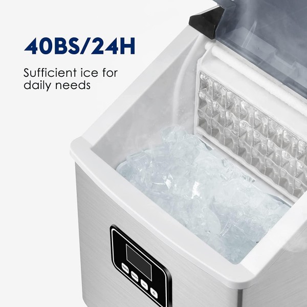 Ice Maker Machine Countertop, 40Lbs/24H Auto Self-Cleaning, 24 pcs Ice Cube in 13 Mins, FREE VILLAGE Portable Compact Ice Cube Maker, With Ice Scoop & Basket, Ideal for Home/Kitchen/Office/Bar, Silver