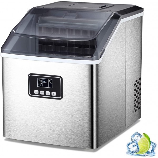R.W.FLAME Ice Maker Machine,40LBS/24H Countertop Ice Machine,Portable Ice Cube Makers with Self-Cleaning,Easy-to-Control LCD Display,See-Through Lid for Home/Kitchen/Bar (Silver)