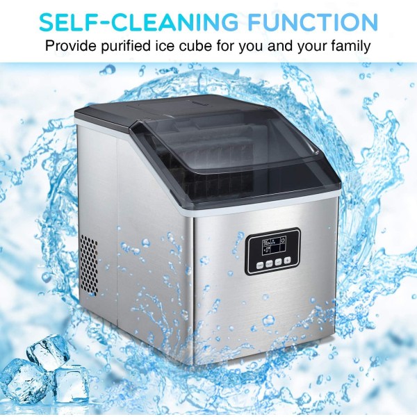 R.W.FLAME Ice Maker Machine,40LBS/24H Countertop Ice Machine,Portable Ice Cube Makers with Self-Cleaning,Easy-to-Control LCD Display,See-Through Lid for Home/Kitchen/Bar (Silver)