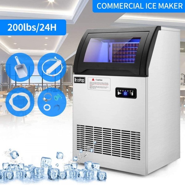 RPA Kitchen Commercial Ice cube Maker Machine, 200lbs/24H under counter ice making machine with 29lbs Ice Storage Capacity, Stainless Steel Ice cube maker Perfect For Home/Office/Bar/Coffee Shop