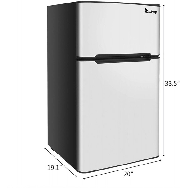 ZOKOP 3.2 Cubic Double Door Compact Refrigerator,Adjustable Mechanical Thermostat with True Freezer,2 Removable Glass Shelf,1 Crystal Crisper,Stainless Steel-Silver A