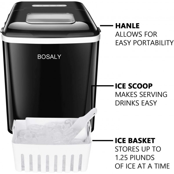 BOSALY Ice Maker, Portable and Compact Ice Maker Machine, Electric High Efficiency Express Clear Operation Control Panel with Ice Scoop, Home Mini Ice Machine, for Parties Mixed Drinks