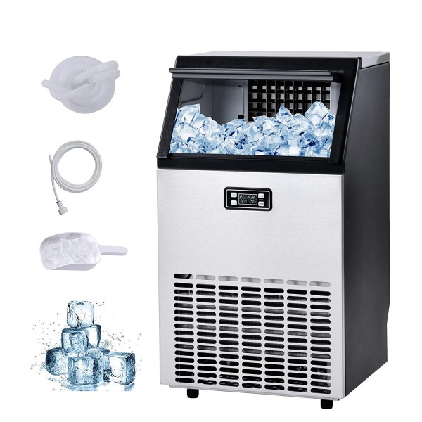 Commercial Grade Ice Maker Machine 100LBS/24H with 33LBS Storage Capacity, Automatic Clear Cube Ice Making Machine, Includes Connection Hoses and Ice Scoop, Ideal for Home or Business