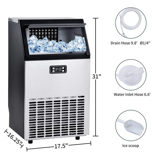 Commercial Grade Ice Maker Machine 100LBS/24H with 33LBS Storage Capacity, Automatic Clear Cube Ice Making Machine, Includes Connection Hoses and Ice Scoop, Ideal for Home or Business