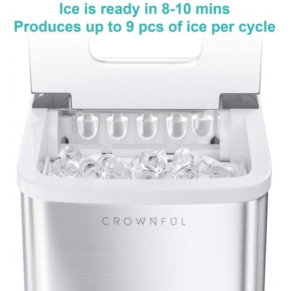 CROWNFUL Ice Maker Machine for Countertop, 9 Ice Cubes Ready in 8-10 Minutes, Stainless Steel and Black