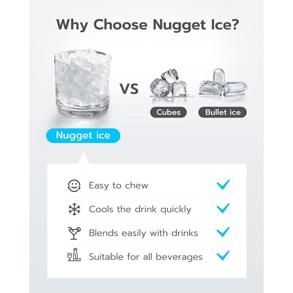 Nugget Ice Maker, Qualeben Countertop Ice Maker Machine 26lb/Day, Self-Cleaning, Auto Water Refill Crunchy Chewable Ice Maker with 4.8lb Ice Bin & Scoop, Sonic Ice Maker for Home/Kitchen/Office/Party