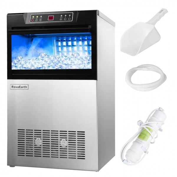 RovaEarth Commercial Ice Maker 145LBS/24H with 40LBS Storage Bin, Under Counter Stainless Steel Freestanding Commercial Ice Maker Machine for Home/Office/Bar/Coffee Shop(Double-Water Inlet)