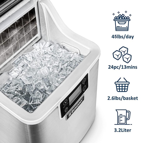 Euhomy Ice Maker Machine Countertop, 45Lbs/24H Portable Compact Ice Cube Maker, with Ice Scoop & Basket, Perfect for Home/Kitchen/Office/Bar (Silver)