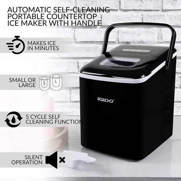 Igloo ICEB26HNBK Automatic Self-Cleaning Portable Electric Countertop Ice Maker Machine With Handle, 26 Pounds in 24 Hours, 9 Ice Cubes Ready in 7 minutes, With Ice Scoop and Basket,Black