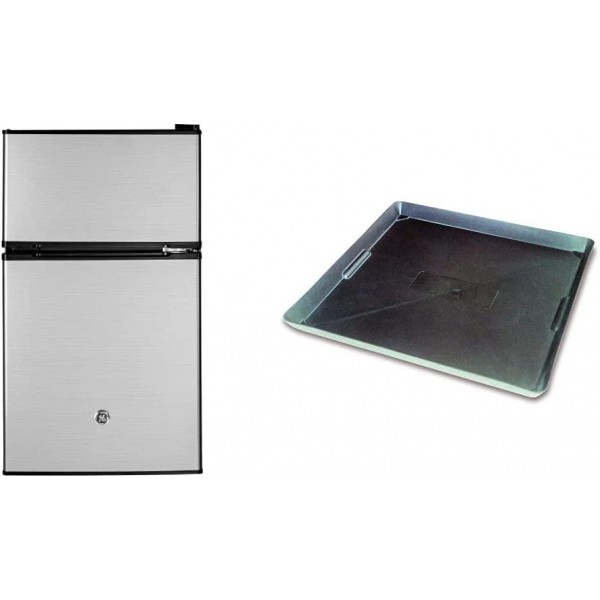 GE GDE03GLKLB Mini Fridge 3.1 Cubic Ft. Double-Door Design & WirthCo 40092 Funnel King Drip Tray - Black Plastic 22 x 22 x 1.5 Inches - Perfect for Catching Spills or Leaks from Mini Fridges