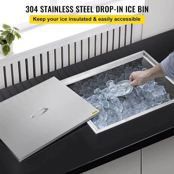 VBENLEM Drop In Ice Chest 21.2L x 16.8W x 17.6H Inch with Cover Stainless Steel Ice Cooler Included Drain-pipe and Drain Plug Drop In Ice Bin Outdoor Kitchen for Cold Wine Beverage