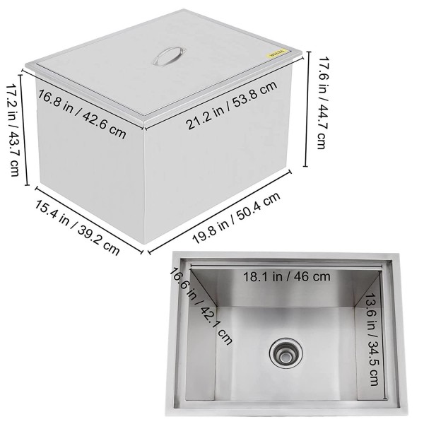 VBENLEM Drop In Ice Chest 21.2L x 16.8W x 17.6H Inch with Cover Stainless Steel Ice Cooler Included Drain-pipe and Drain Plug Drop In Ice Bin Outdoor Kitchen for Cold Wine Beverage