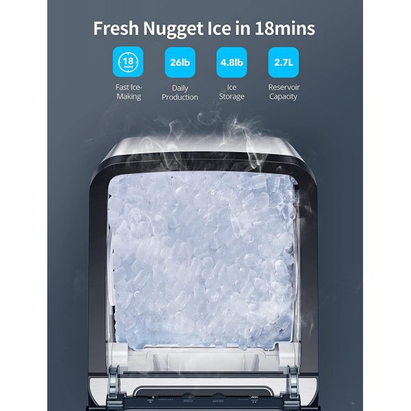Countertop Crunchy Nugget Ice Maker, 26lb Chewable Nugget Ice/Day, Self-Cleaning, Auto Water Refill, Ice Maker with 3.3lb Ice Bin and Scoop For Party, Kitchen, Home and Office