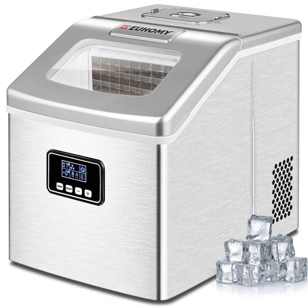 Euhomy Ice Maker Machine Countertop, 40Lbs/24H Auto Self-Cleaning, 24 pcs Ice Cube in 13 Mins, Portable Compact Ice Cube Maker, with Ice Scoop & Basket, Perfect for Home/Kitchen/Office/Bar (Silver)