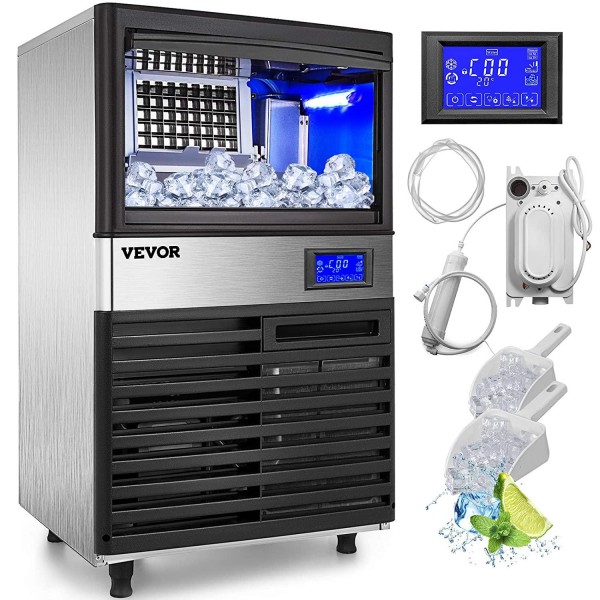 VEVOR 110V Commercial Ice Maker 110LBS/24H with 44LBS Storage Stainless Steel Commercial Ice Machine 5x8 Ice Tray LCD Control w/Water Drain Pump Auto Clean for Bar Home Supermarkets