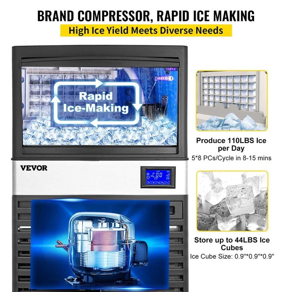 VEVOR 110V Commercial Ice Maker 110LBS/24H with 44LBS Storage Stainless Steel Commercial Ice Machine 5x8 Ice Tray LCD Control w/Water Drain Pump Auto Clean for Bar Home Supermarkets