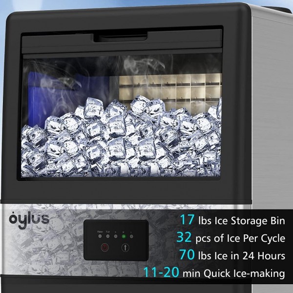 OYLUS Commercial Ice Maker Machine, 70lbs/24H Stainless Steel Freestanding Ice Machine With 10LBS Ice Storage Capacity, 32 Ice Cubes Within One Cycle Of 11-20 Mins For Home Party, Bar, Cafe and Office