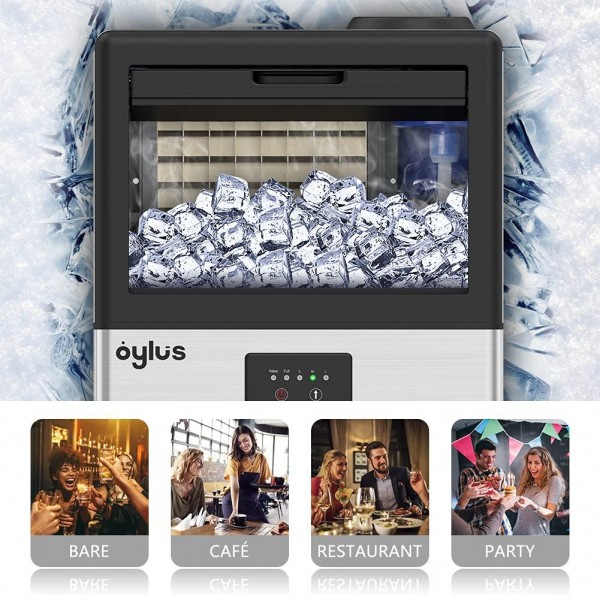 OYLUS Commercial Ice Maker Machine, 70lbs/24H Stainless Steel Freestanding Ice Machine With 10LBS Ice Storage Capacity, 32 Ice Cubes Within One Cycle Of 11-20 Mins For Home Party, Bar, Cafe and Office