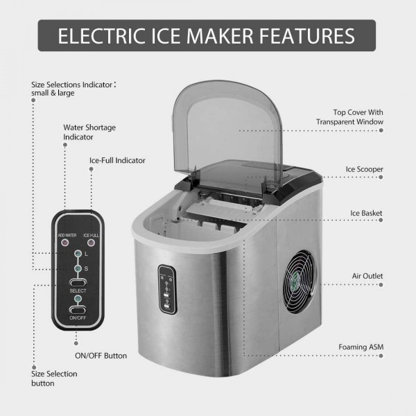 VIVOHOME Electric Portable Compact Countertop Automatic Ice Cube Maker Machine with Hand Scoop and Self Cleaning Function, Stainless Steel Electric Portable Automatic Ice Cube Maker Machine