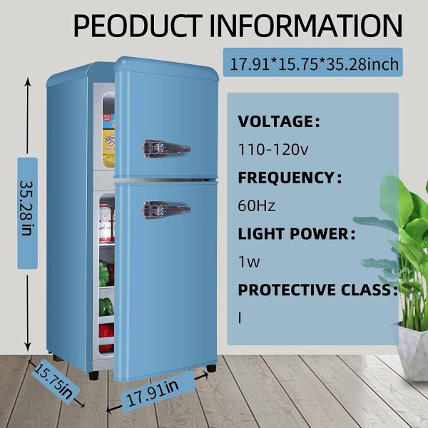 Anukis Retro Blue Compact Refrigerator with Freezer, 3.5 Cu.Ft 2 Door Mini Fridge For Bedroom/Dorm/Apartment/Office