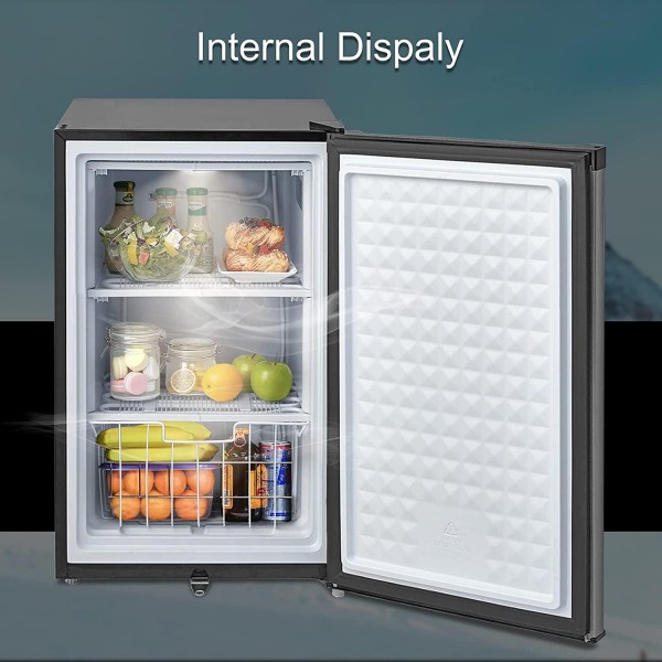 SMETA Small Upright Freezer 3 Cu.ft, Compact Ice Cream Freezers Upright with Lock, Stand Up Vertical Freezer in Reversible Door, Mini Fridge with Freezer, Stainless Steel Under Counter Kids Freezer for Apartments Kitchen Bar Garage Laydown Freezer