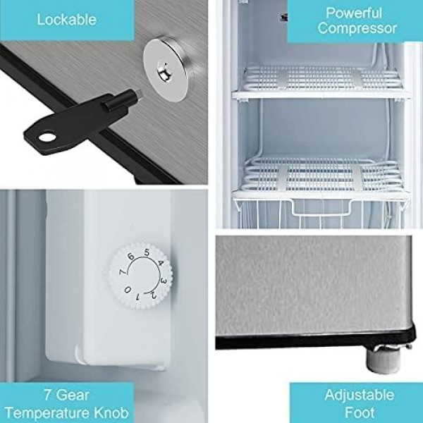 SMETA Small Upright Freezer 3 Cu.ft, Compact Ice Cream Freezers Upright with Lock, Stand Up Vertical Freezer in Reversible Door, Mini Fridge with Freezer, Stainless Steel Under Counter Kids Freezer for Apartments Kitchen Bar Garage Laydown Freezer