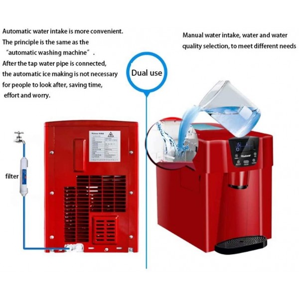 HSTFⓇ Ice Cube Machine • Ice Machine • LED Lighting • 16 kg per 24 Hours • 2 liters • 6-10 Minutes • Quiet • High Performance Compressor • Soft Touch Control • Red