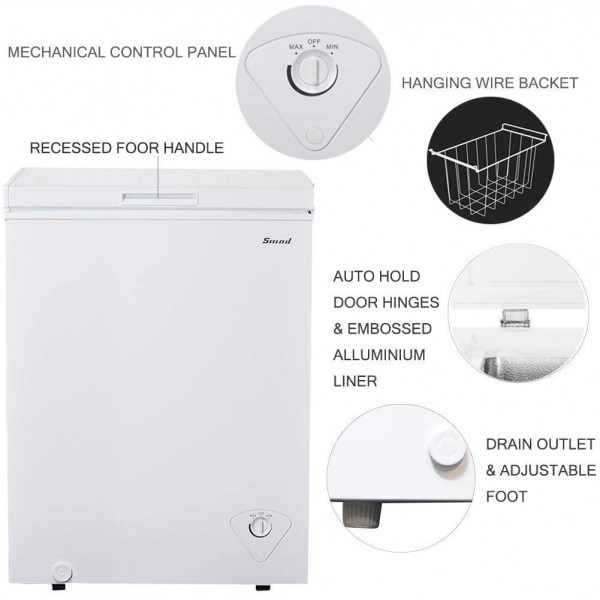 Smad Deep Chest Freezer 5 Cu.ft Low Noise Top Open Freezer with Removable Hanging Basket Auto Hold Door Hinges Front Drain, White