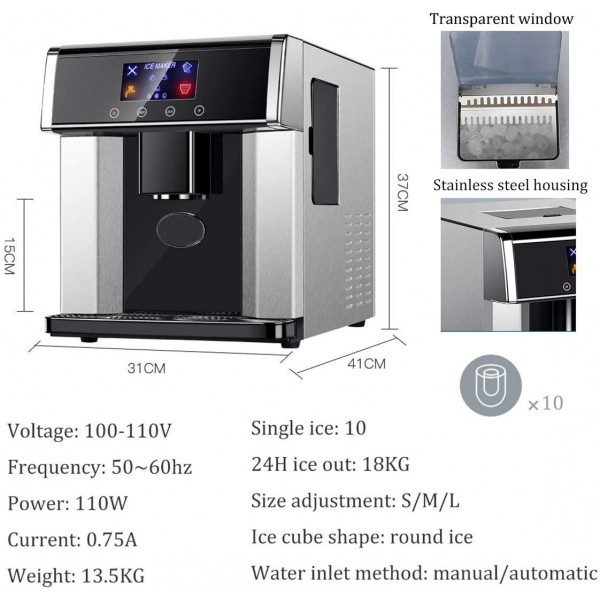 Lxn Countertop Ice Maker Water Dispenser - Stainless Steel Kitchen Ice Machine, 3 Type of Ice Easy-Touch Buttons, Get Ice in 5 Mins, Produces 33 lbs Bullet Type Round Ice in 24 Hours, Water Cooler
