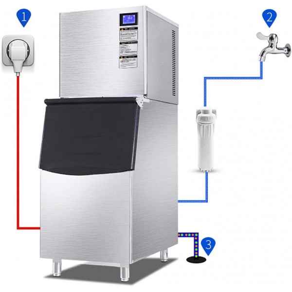 DayRoad 110V 230kg/day Ice Production 500Lbs Ice Storage Commercial Ice Maker Machines with 420LBS Bin and LCD Panel Stainless Steel Ice Trays Water Cooling System