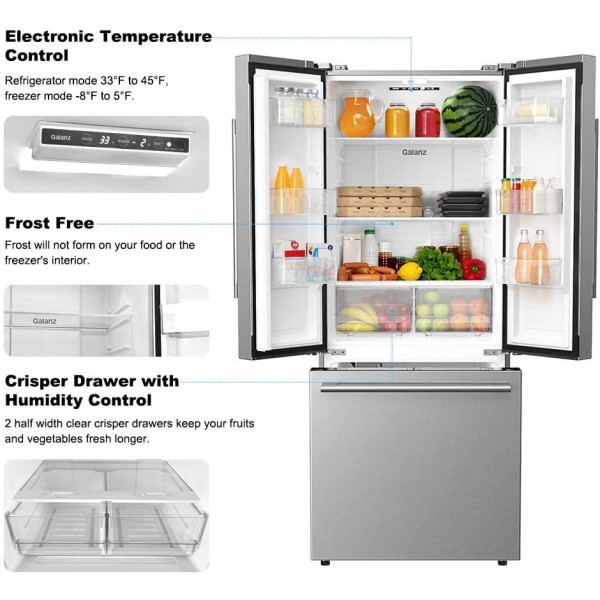 Galanz GLR16FS2K16 3 French Door Refrigerator with Bottom Freezer & Installed Ice Maker, True Stainless Steel