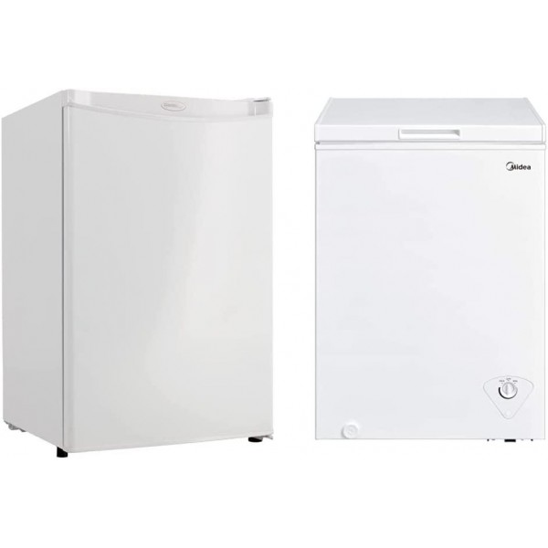 Danby DAR044A4WDD-6 4.4 Cu.Ft. Mini Fridge, Compact Refrigerator for Bedroom, Living Room, Bar, Dorm, Kitchen, Office, E-Star in White & Midea MRC04M3AWW, White 3.5 cu. ft. Mini Freezer, Cubic Feet