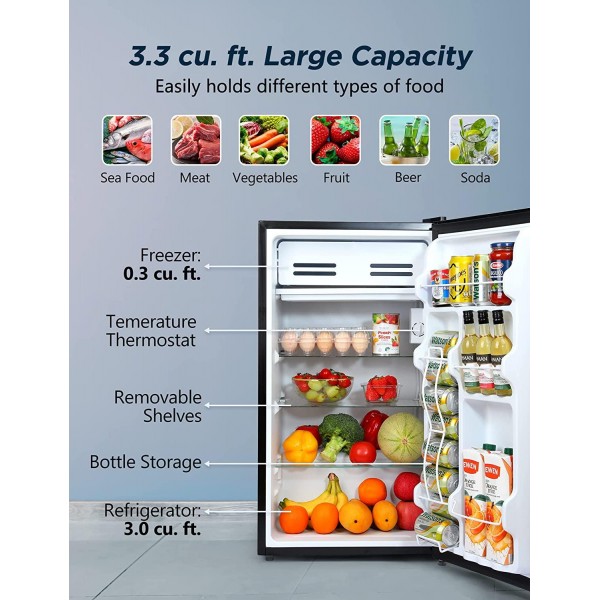 Compact Refrigerator 3.3 Cu Ft Mini Fridge with Freezer, Single Door, Low noise, Removable Glass Shelves, Compact Refrigerator for Bedroom, Office, Garage, Studio, Dorm with 3 Temperature Settings