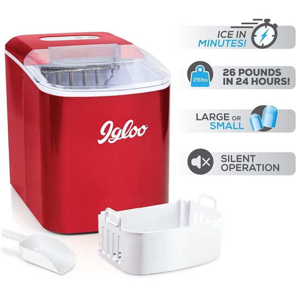 Igloo ICEB26RR Automatic Portable Electric Countertop Ice Maker Machine, 26 Pounds in 24 Hours, 9 Ice Cubes Ready in 7 minutes,Perfect for Water Bottles, Mixed Drinks Red Limited Edition