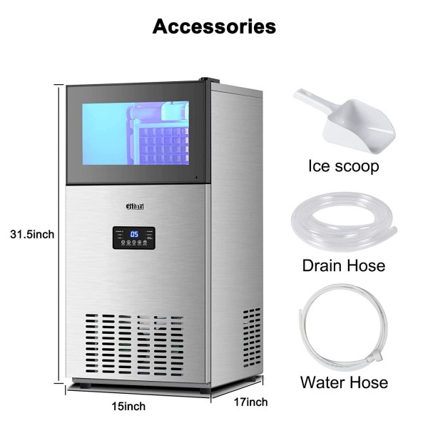 Commercial Ice Maker Machine 130LBS/24H with 35LBS Storage Bin,45 Ice Cubes Ready in 11-20 Mins Under Counter/Freestanding Stainless Steel Large Ice Machine