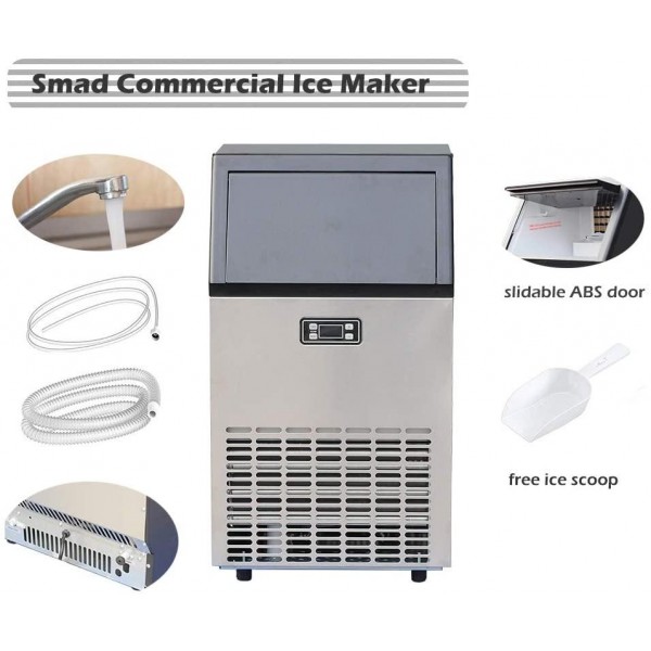 Smad Commercial Ice Maker Machine Undercounter 11~20 Minutes Quick Ice Making Cycle 99 lbs/24 hrs Storing Ice 33lbs, Freestanding Ice Maker for Bar, Coffee Tea Shop or Restaurant