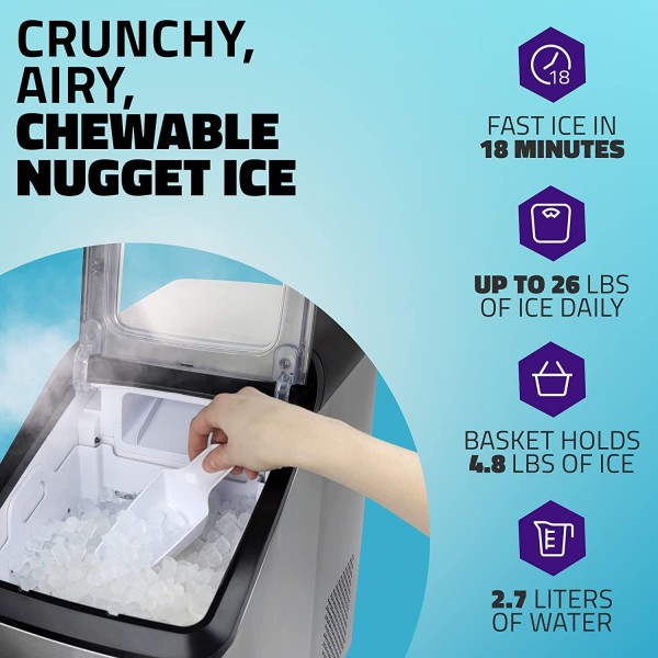 Aremor Stainless Steel Nugget Ice Maker Countertop | Stylish Self Cleaning Ice Cube Maker Machine with Auto Water Refill, Scoop & Basket | Perfect for Home, Kitchen, Office & Party