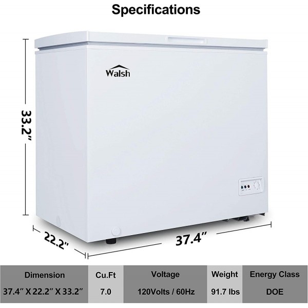 WALSH WSF70CWED01 Manual Defrost Deep Chest Freezer, Mechanical Temperature Control, 7.0 Cu.Ft, White, 7 Cu Ft