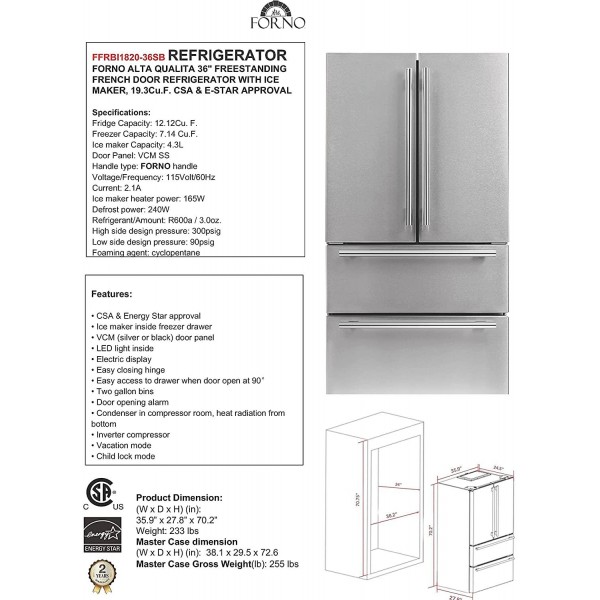FORNO Moena 36 in. Alta Qualita Energy Star Refrigerator 19.2 cu.ft French Door Stainless Steel with Ice Maker