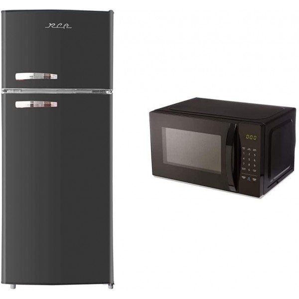 RCA RFR786-BLACK 2 Door Apartment Size Refrigerator with Freezer, 7.5 cu. ft, Retro Black &  Basics Microwave, Small, 0.7 Cu. Ft, 700W, Compatible with Alexa