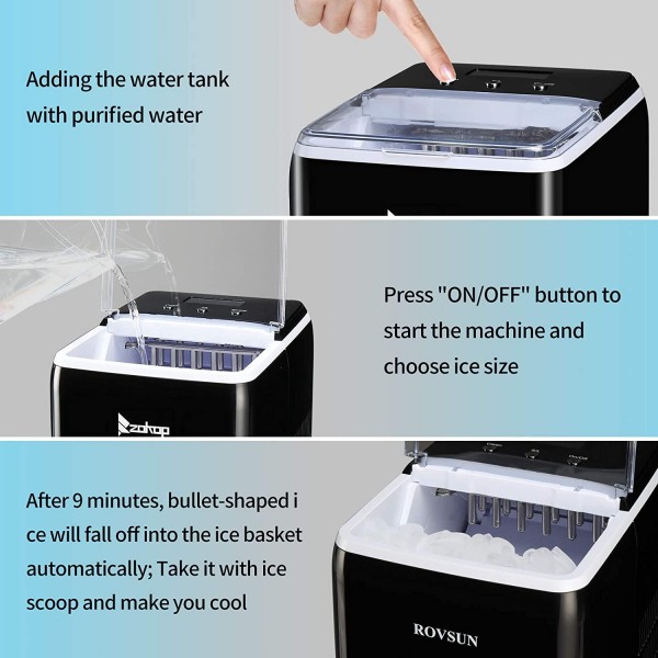 Portable Ice Maker Cube Maker with Transparent Cover Commercial Home (Black)