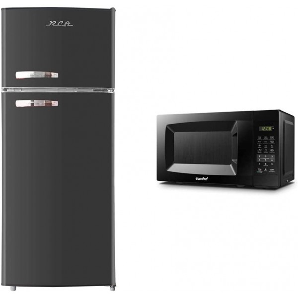 RCA RFR786-BLACK 2 Door Apartment Size Refrigerator with Freezer, 7.5 cu. ft, Retro Black & COMFEE' EM720CPL-PMB Countertop Microwave Oven with Sound On/Off, 0.7cu.ft, 700W, Black