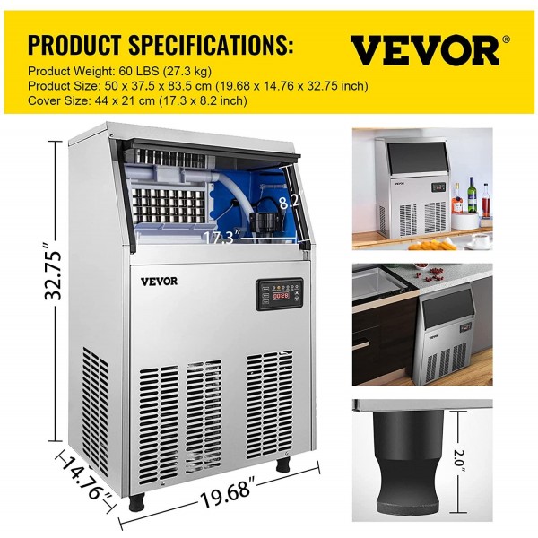 VEVOR 110V Commercial Ice Maker 110-120LBS/24H with 33LBS Bin, Full Heavy Duty Stainless Steel Construction, Automatic Operation, Clear Cube for Home Bar, Include Water Filter, Scoop, Connection Hose