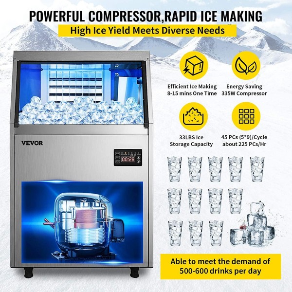 VEVOR 110V Commercial Ice Maker 110-120LBS/24H with 33LBS Bin, Full Heavy Duty Stainless Steel Construction, Automatic Operation, Clear Cube for Home Bar, Include Water Filter, Scoop, Connection Hose